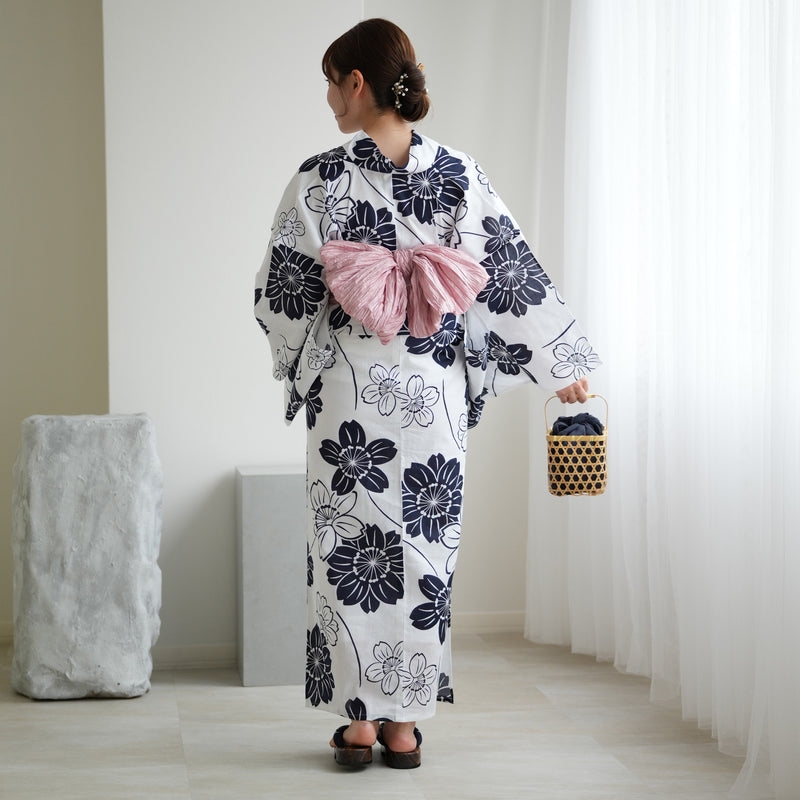 【お仕立て上がり 浴衣3点セット ( ゆかた・帯・下駄 ) 白地に紺の大きな花】コットン100％  フリーサイズ （5010275311）