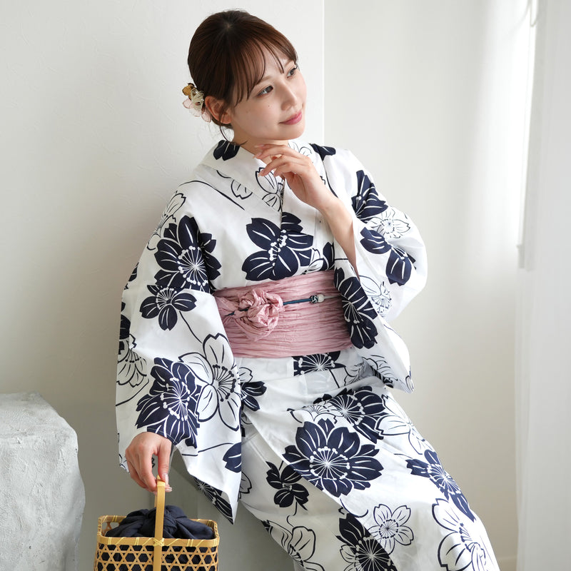 【お仕立て上がり 浴衣3点セット ( ゆかた・帯・下駄 ) 白地に紺の大きな花】コットン100％  フリーサイズ （5010275311）