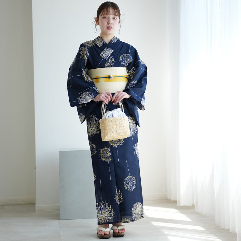 【お仕立て上がり 浴衣3点セット ( ゆかた・帯・下駄 ) 紺地に打ち上げ花火】コットン100％  フリーサイズ （5010275511）
