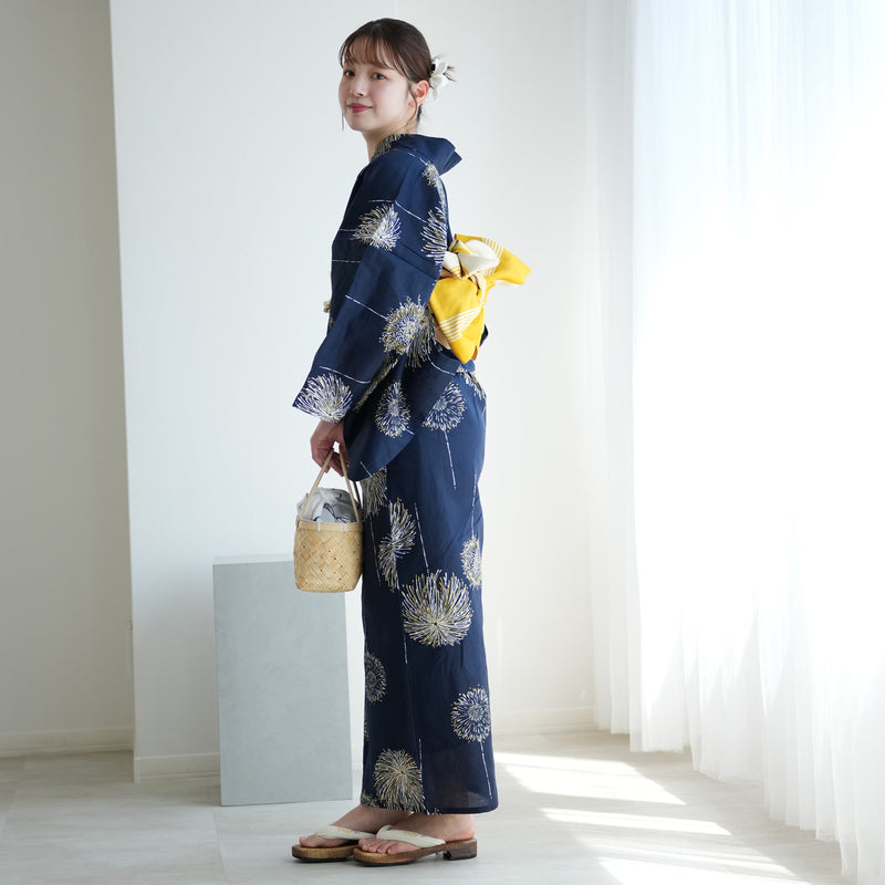 【お仕立て上がり 浴衣3点セット ( ゆかた・帯・下駄 ) 紺地に打ち上げ花火】コットン100％  フリーサイズ （5010275511）