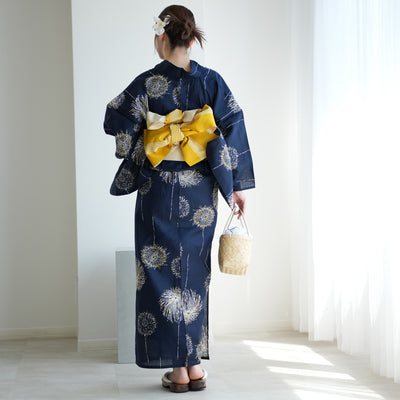 【お仕立て上がり 浴衣3点セット ( ゆかた・帯・下駄 ) 紺地に打ち上げ花火】コットン100％  フリーサイズ （5010275511）