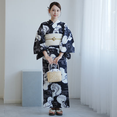 【utatane 高級変わり織 浴衣3点セット ( ゆかた・帯・下駄 ) 濃紺に撫子瓢箪】 フリーサイズ 国産生地 国内染色　昭和初期アンティーク復刻版（5010276411）