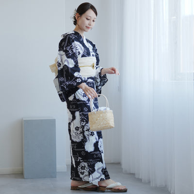 【utatane 高級変わり織 浴衣3点セット ( ゆかた・帯・下駄 ) 濃紺に撫子瓢箪】 3Lサイズ（ヒップ約130cm位まで対応） 国産生地 国内染色　昭和初期アンティーク復刻版（5013276411）