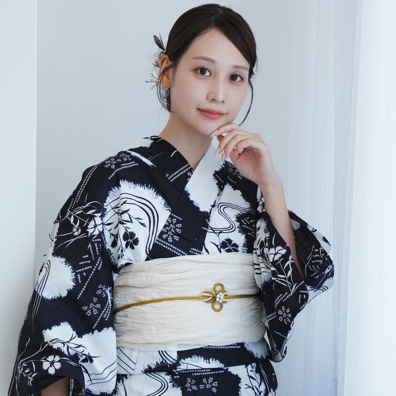 【utatane 高級変わり織 浴衣3点セット ( ゆかた・帯・下駄 ) 濃紺に撫子瓢箪】 フリーサイズ 国産生地 国内染色　昭和初期アンティーク復刻版（5010276411）