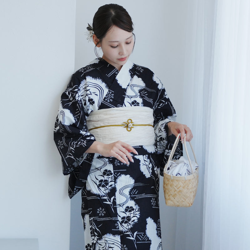 【utatane 高級変わり織 浴衣3点セット ( ゆかた・帯・下駄 ) 濃紺に撫子瓢箪】 3Lサイズ（ヒップ約130cm位まで対応） 国産生地 国内染色　昭和初期アンティーク復刻版（5013276411）
