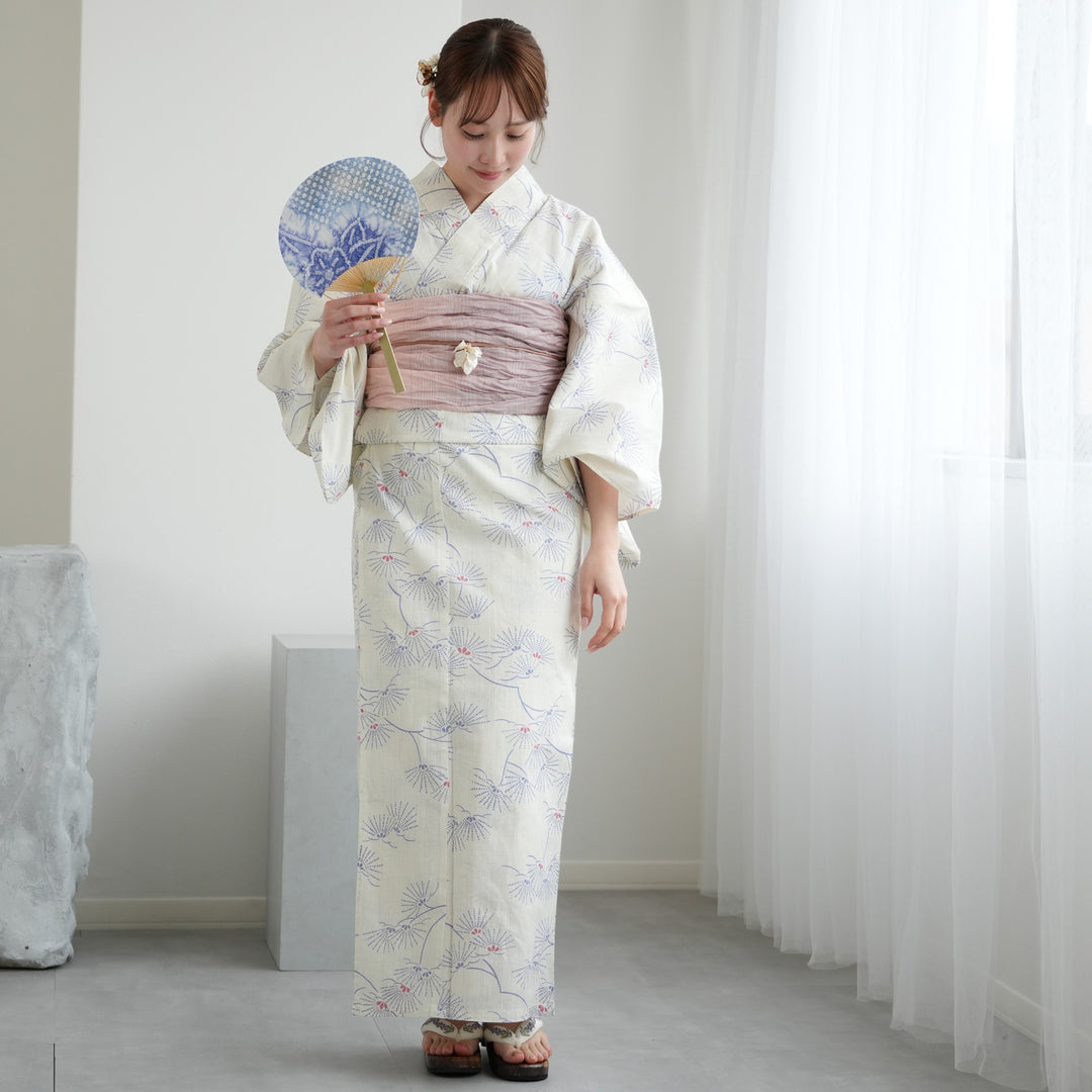 utatane 浴衣・帯セット 変わり織り浴衣ピンクベージュとグレーの染め分け菊 utatane｜utatane Fサイズ 浴衣3点セット 先染めベージュ風