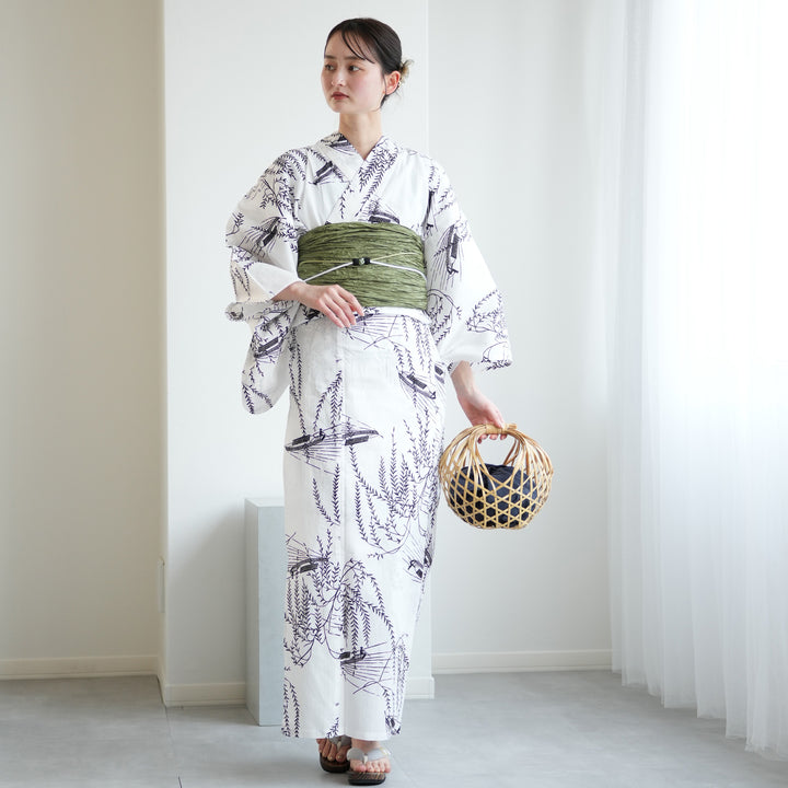 お任せ下駄+お任せ帯白系+お任せ帯締め◆◆高級変わり織り浴衣★優美な金魚柄 utatane セパレート高級変わり織 二部式浴衣3点セット ( ゆかた・帯