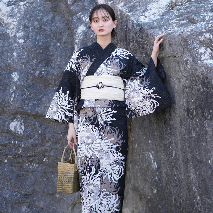 utatane 高級変わり織 浴衣3点セット ( ゆかた・帯・下駄 ) ブラックに