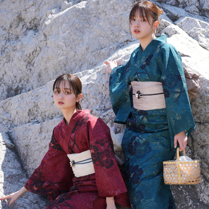 utatane 高級変わり織 浴衣3点セット ( ゆかた・帯・下駄 ) ガーネット