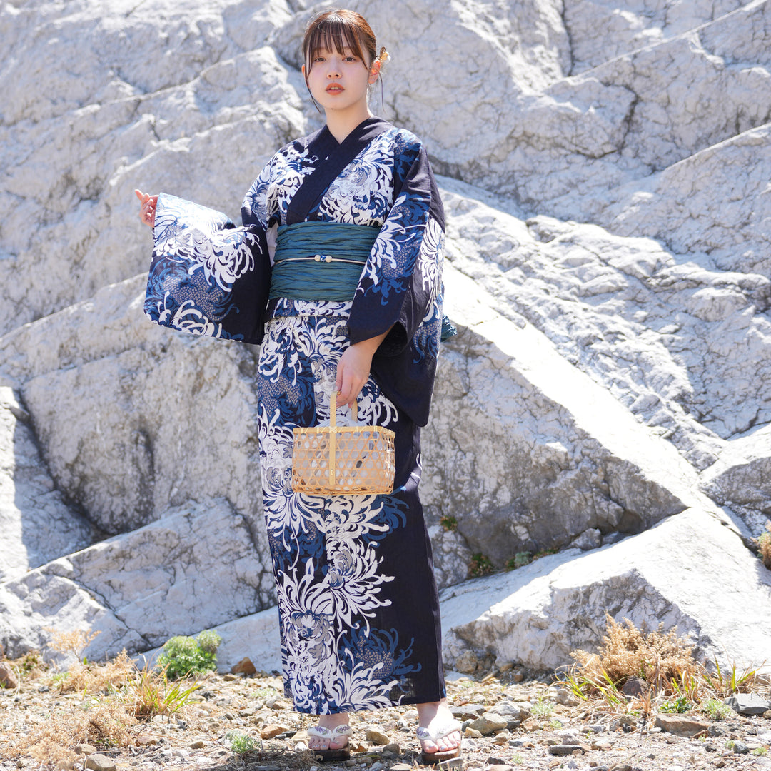 utatane 高級変わり織 浴衣3点セット ( ゆかた・帯・下駄 ) ネイビーに