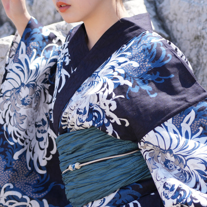 utatane 高級変わり織 浴衣3点セット ( ゆかた・帯・下駄 ) ネイビーに