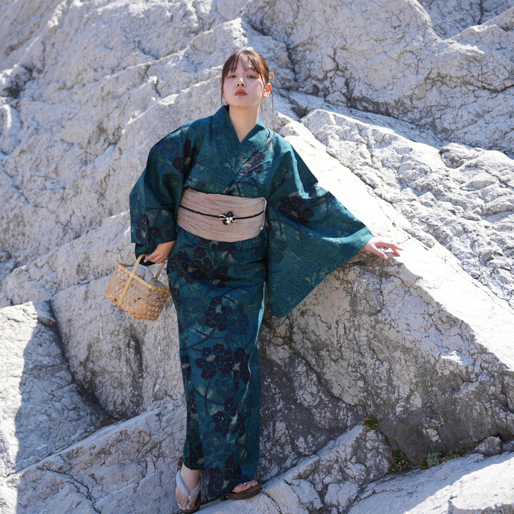 utatane 浴衣 兵児帯 下駄 3点セット 牡丹 浴衣3点セット（浴衣/帯/下駄） 綿麻 ゆかた フリーサイズ 儚い