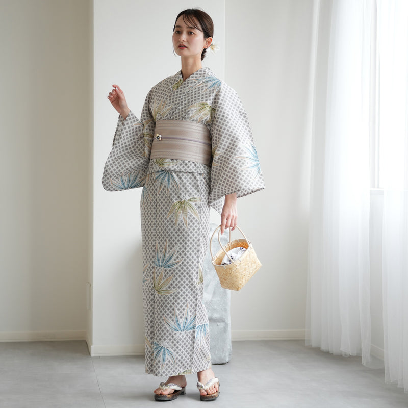 【utatane 高級変わり織 浴衣3点セット ( ゆかた・帯・下駄 )切子紋と涼しげラムネ色の松】 Lサイズ（165-175cm） 国産生地 国内染色　昭和初期アンティーク復刻版（5012277911）