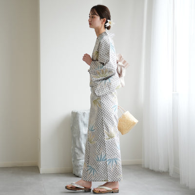 【utatane 高級変わり織 浴衣3点セット ( ゆかた・帯・下駄 )切子紋と涼しげラムネ色の松】 Lサイズ（165-175cm） 国産生地 国内染色　昭和初期アンティーク復刻版（5012277911）
