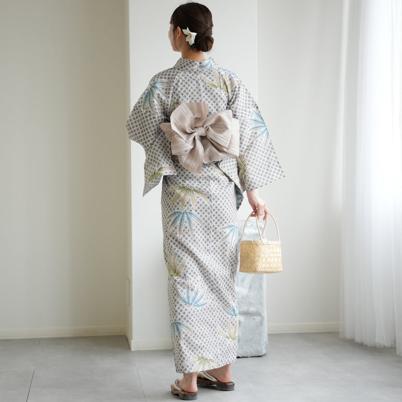 【utatane 高級変わり織 浴衣3点セット ( ゆかた・帯・下駄 )切子紋と涼しげラムネ色の松】 Lサイズ（165-175cm） 国産生地 国内染色　昭和初期アンティーク復刻版（5012277911）