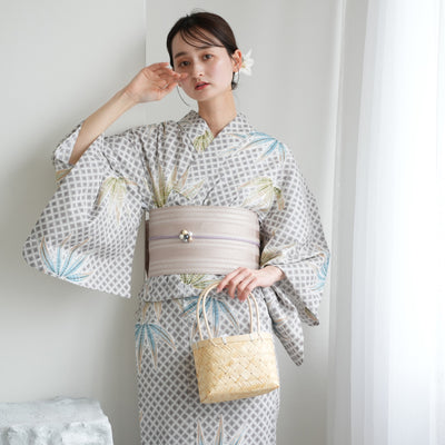 【utatane 高級変わり織 浴衣3点セット ( ゆかた・帯・下駄 )切子紋と涼しげラムネ色の松】 Lサイズ（165-175cm） 国産生地 国内染色　昭和初期アンティーク復刻版（5012277911）
