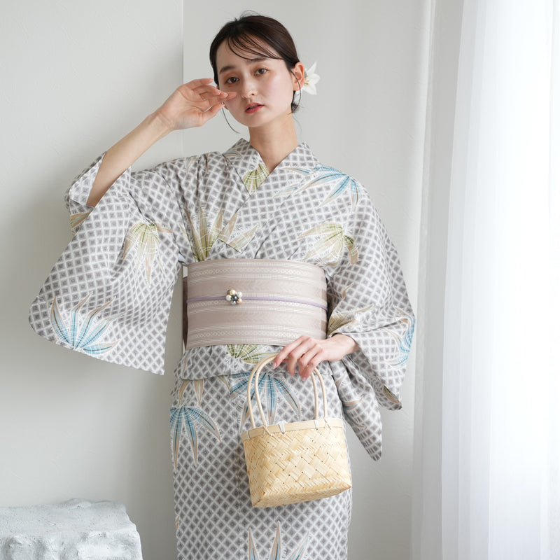 【utatane 高級変わり織 浴衣3点セット ( ゆかた・帯・下駄 )切子紋と涼しげラムネ色の松】 Lサイズ（165-175cm） 国産生地 国内染色　昭和初期アンティーク復刻版（5012277911）