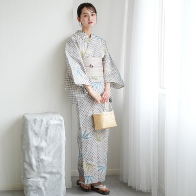 【utatane 高級変わり織 浴衣3点セット ( ゆかた・帯・下駄 )切子紋と涼しげラムネ色の松】 Lサイズ（165-175cm） 国産生地 国内染色　昭和初期アンティーク復刻版（5012277911）