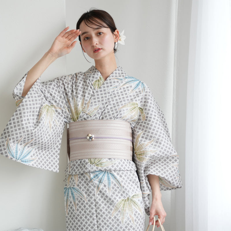 【utatane 高級変わり織 浴衣3点セット ( ゆかた・帯・下駄 )切子紋と涼しげラムネ色の松】 フリーサイズ 国産生地 国内染色　昭和初期アンティーク復刻版（5010277911）
