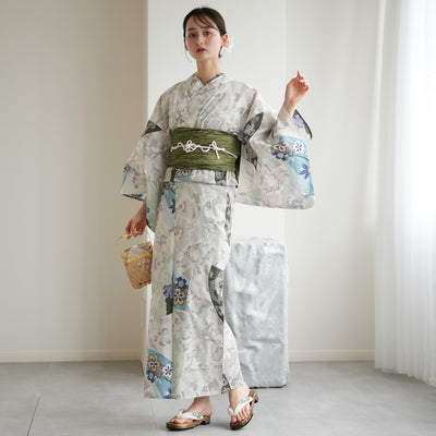 【utatane 高級変わり織 浴衣3点セット ( ゆかた・帯・下駄 )  ラムネ色の扇面と儚い花】Sサイズ（150-160cm） 国産生地 国内染色　昭和初期アンティーク復刻版（5011278011）
