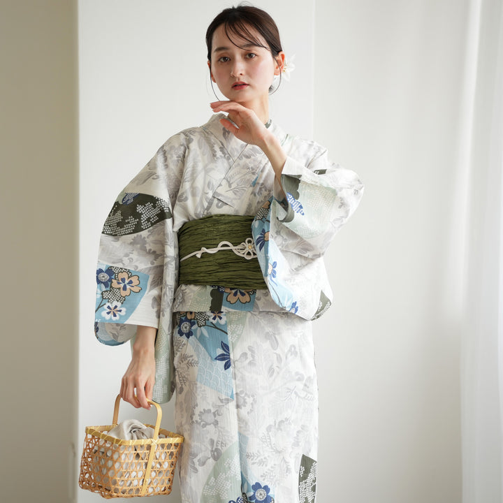 utatane 高級変わり織 浴衣3点セット ( ゆかた・帯・下駄 ) ラムネ色の