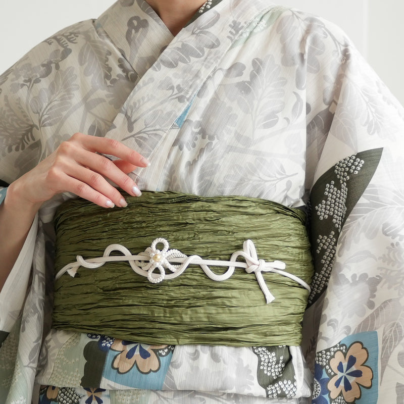 【utatane 高級変わり織 浴衣3点セット ( ゆかた・帯・下駄 )  ラムネ色の扇面と儚い花】Sサイズ（150-160cm） 国産生地 国内染色　昭和初期アンティーク復刻版（5011278011）