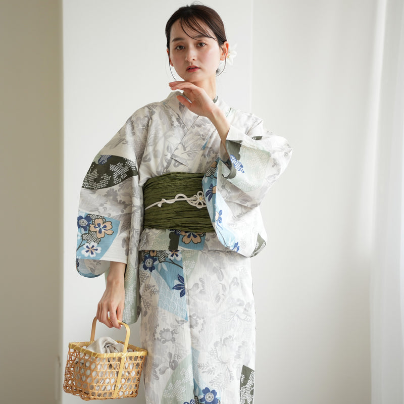 【utatane 高級変わり織 浴衣3点セット ( ゆかた・帯・下駄 )  ラムネ色の扇面と儚い花】 フリーサイズ 国産生地 国内染色　昭和初期アンティーク復刻版（5010278011）