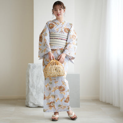 【utatane 高級変わり織 浴衣3点セット ( ゆかた・帯・下駄 )ブルーグレーに椿唐草】3Lサイズ（ヒップ約130cm位まで対応） 国産生地 国内染色　昭和初期アンティーク復刻版（5013278211）