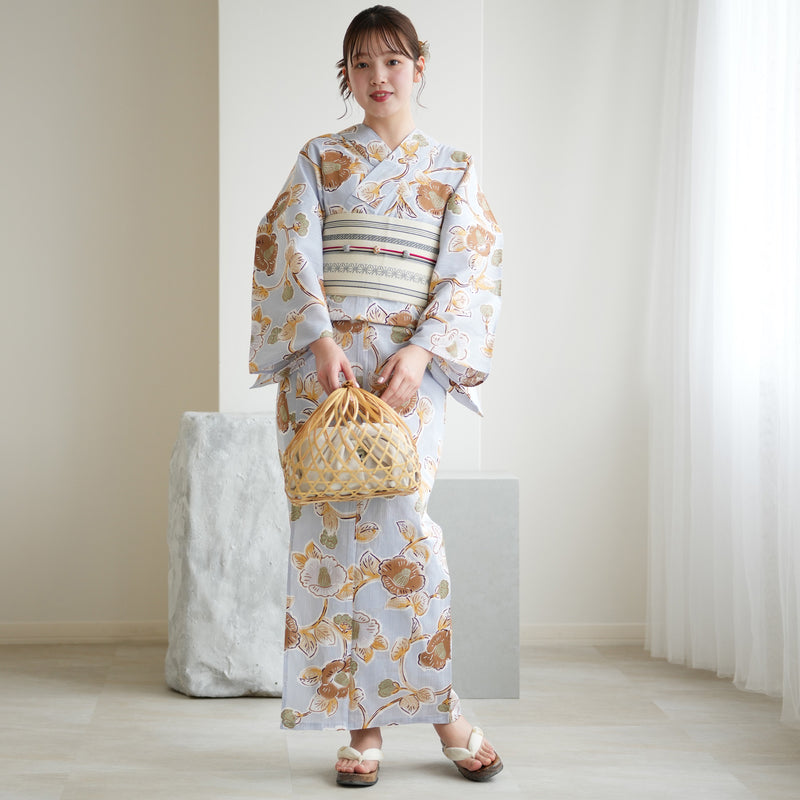 【utatane 高級変わり織 浴衣3点セット ( ゆかた・帯・下駄 )ブルーグレーに椿唐草】3Lサイズ（ヒップ約130cm位まで対応） 国産生地 国内染色　昭和初期アンティーク復刻版（5013278211）