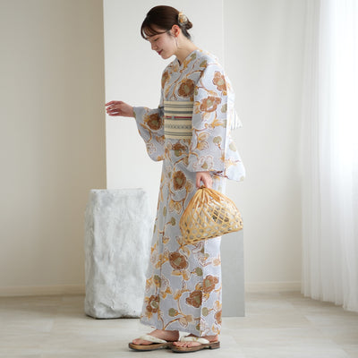 【utatane 高級変わり織 浴衣3点セット ( ゆかた・帯・下駄 )ブルーグレーに椿唐草】3Lサイズ（ヒップ約130cm位まで対応） 国産生地 国内染色　昭和初期アンティーク復刻版（5013278211）