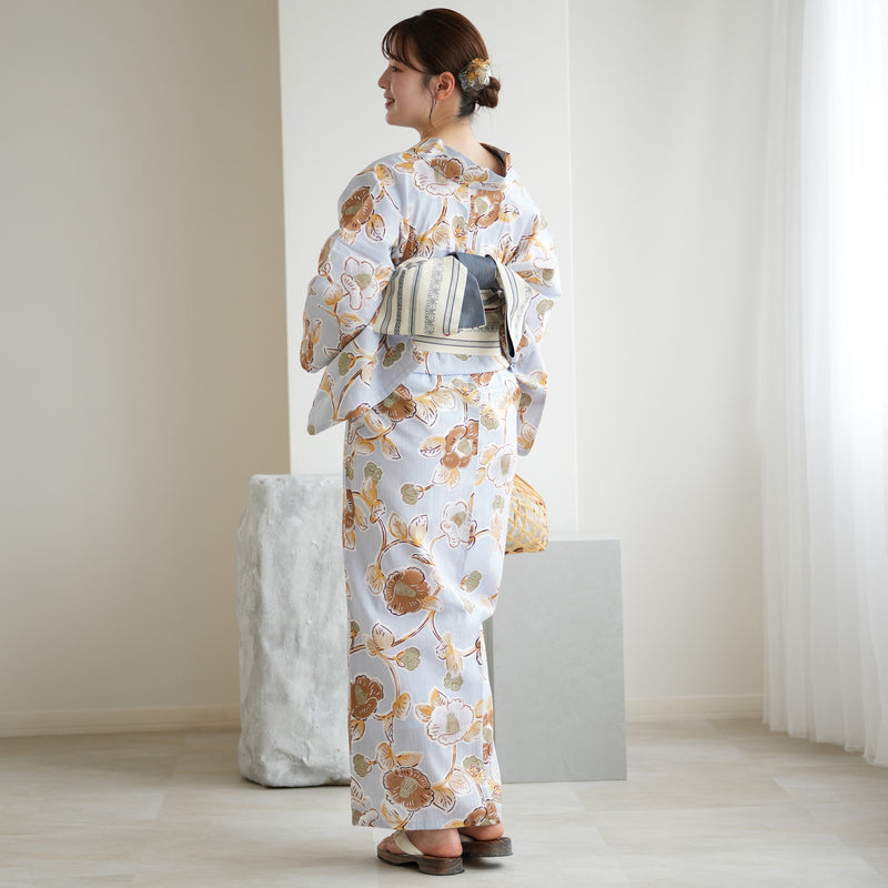 【utatane 高級変わり織 浴衣3点セット ( ゆかた・帯・下駄 )ブルーグレーに椿唐草】3Lサイズ（ヒップ約130cm位まで対応） 国産生地 国内染色　昭和初期アンティーク復刻版（5013278211）