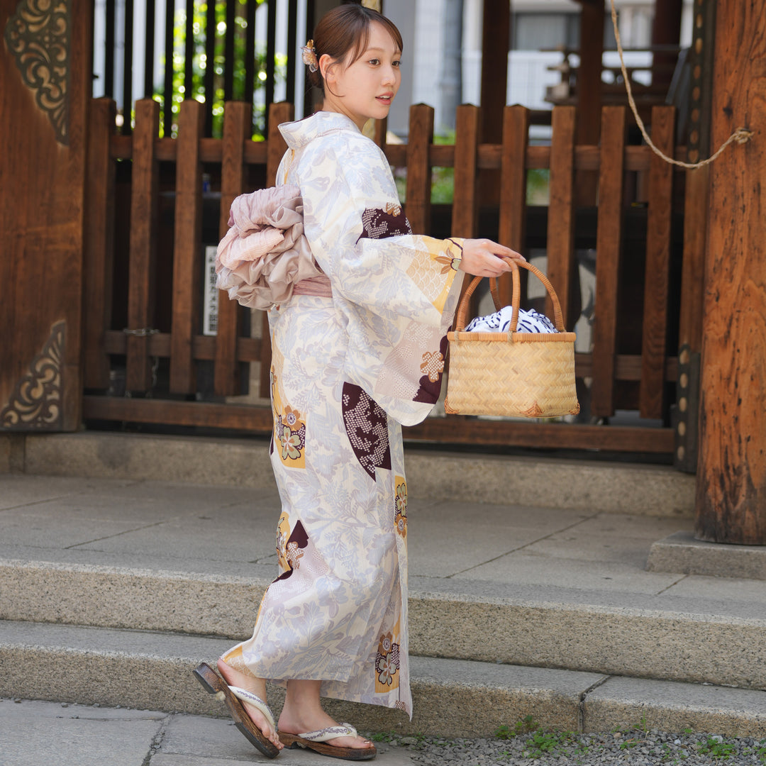 utatane 高級変わり織 浴衣3点セット ( ゆかた・帯・下駄 ) 山吹色の