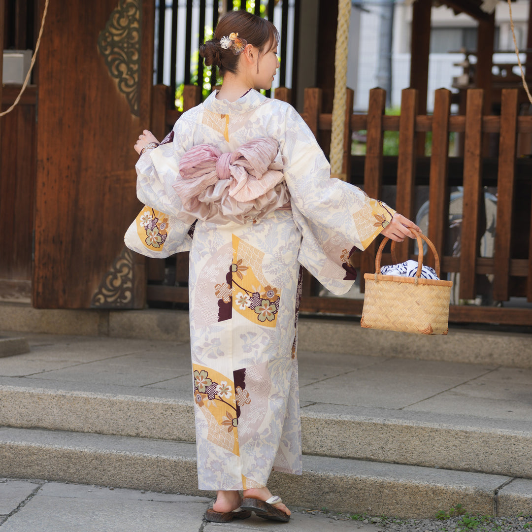 utatane 高級変わり織 浴衣3点セット ( ゆかた・帯・下駄 ) 山吹