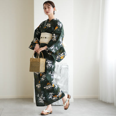 【utatane 高級変わり織 浴衣3点セット ( ゆかた・帯・下駄 )  錆緑に照る菖蒲】Lサイズ（165-175cm） 国産生地 国内染色　昭和初期アンティーク復刻版（5012278611）