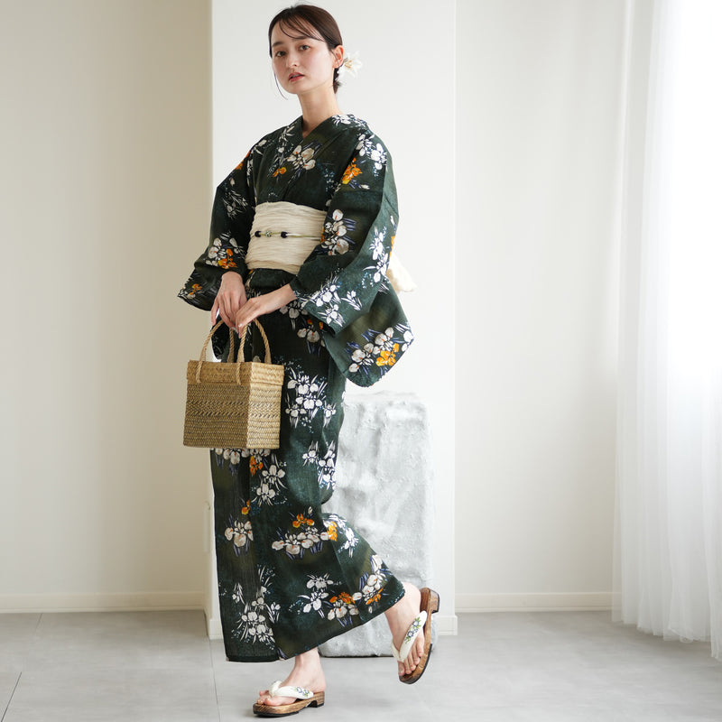 【utatane 高級変わり織 浴衣3点セット ( ゆかた・帯・下駄 )  錆緑に照る菖蒲】Lサイズ（165-175cm） 国産生地 国内染色　昭和初期アンティーク復刻版（5012278611）