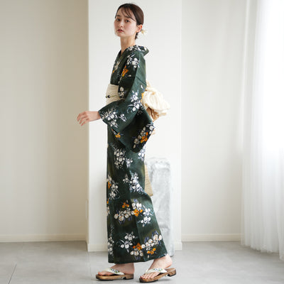 【utatane 高級変わり織 浴衣3点セット ( ゆかた・帯・下駄 )  錆緑に照る菖蒲】Lサイズ（165-175cm） 国産生地 国内染色　昭和初期アンティーク復刻版（5012278611）