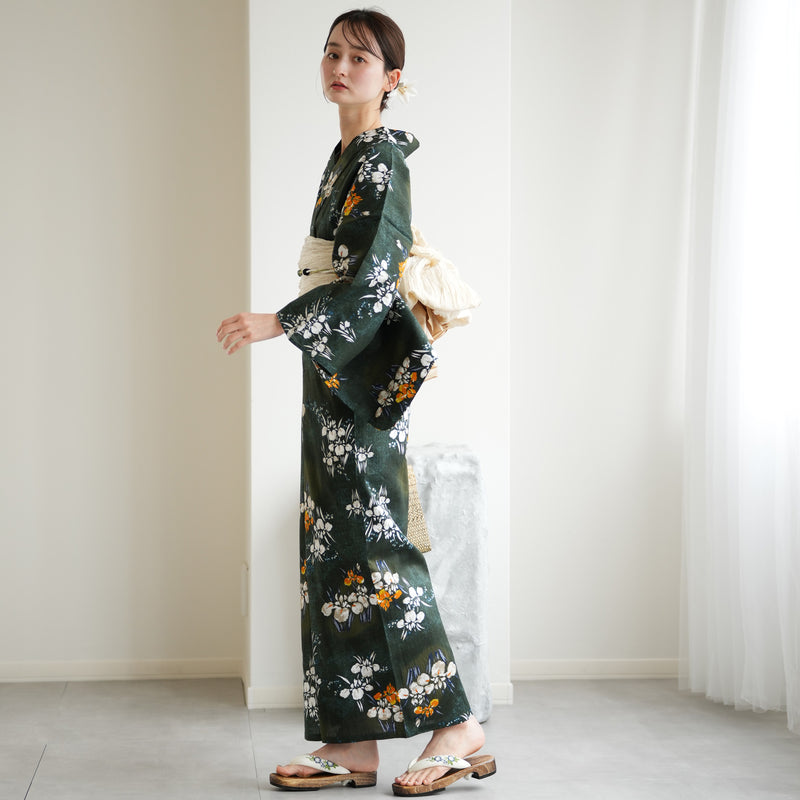【utatane 高級変わり織 浴衣3点セット ( ゆかた・帯・下駄 )  錆緑に照る菖蒲】Lサイズ（165-175cm） 国産生地 国内染色　昭和初期アンティーク復刻版（5012278611）