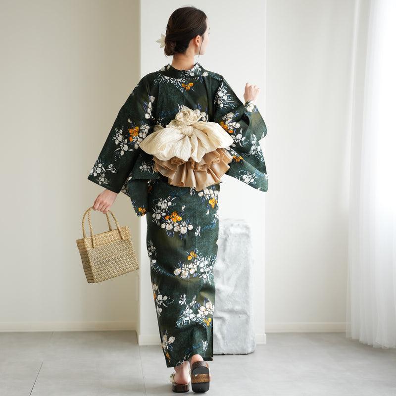【utatane 高級変わり織 浴衣3点セット ( ゆかた・帯・下駄 )  錆緑に照る菖蒲】Lサイズ（165-175cm） 国産生地 国内染色　昭和初期アンティーク復刻版（5012278611）