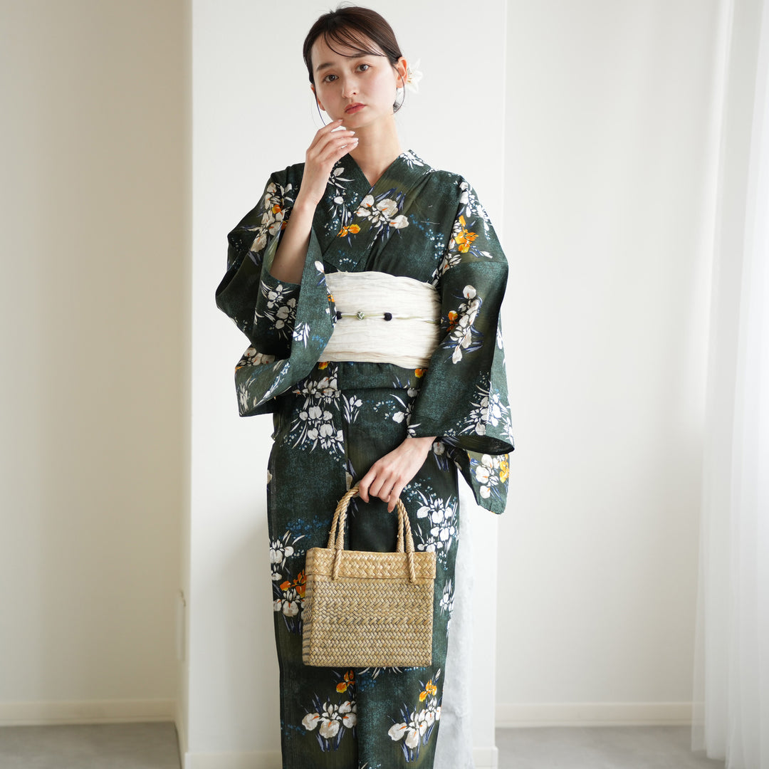 utatane 高級変わり織 浴衣3点セット ( ゆかた・帯・下駄 ) 錆緑に照る