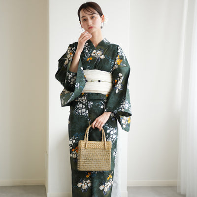 【utatane 高級変わり織 浴衣3点セット ( ゆかた・帯・下駄 )  錆緑に照る菖蒲】Lサイズ（165-175cm） 国産生地 国内染色　昭和初期アンティーク復刻版（5012278611）