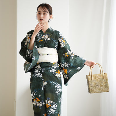 【utatane 高級変わり織 浴衣3点セット ( ゆかた・帯・下駄 )  錆緑に照る菖蒲】Lサイズ（165-175cm） 国産生地 国内染色　昭和初期アンティーク復刻版（5012278611）