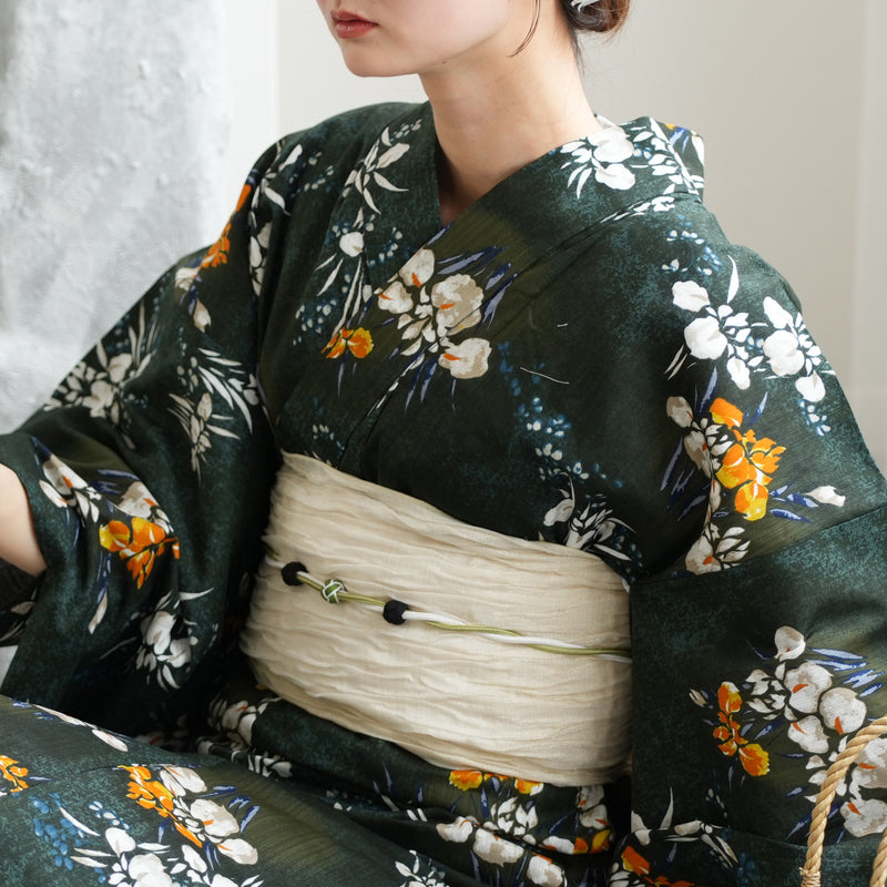 【utatane 高級変わり織 浴衣3点セット ( ゆかた・帯・下駄 )  錆緑に照る菖蒲】Lサイズ（165-175cm） 国産生地 国内染色　昭和初期アンティーク復刻版（5012278611）