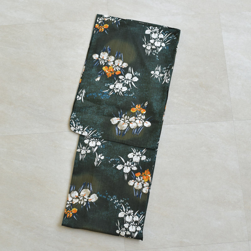 【utatane 高級変わり織 浴衣3点セット ( ゆかた・帯・下駄 )  錆緑に照る菖蒲】Lサイズ（165-175cm） 国産生地 国内染色　昭和初期アンティーク復刻版（5012278611）