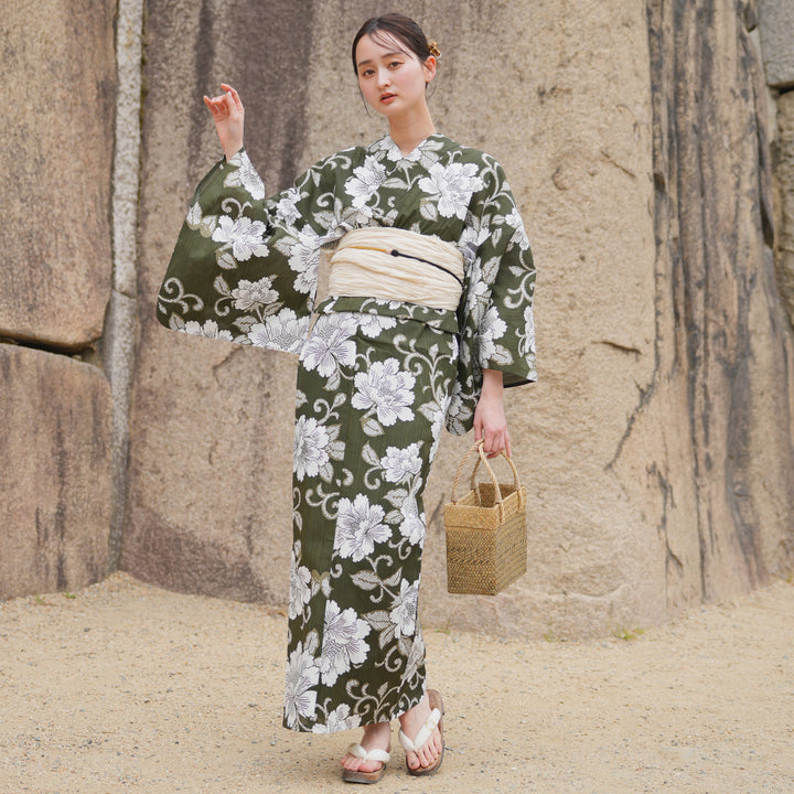 utatane 高級変わり織 浴衣3点セット ( ゆかた・帯・下駄 ) 抹茶