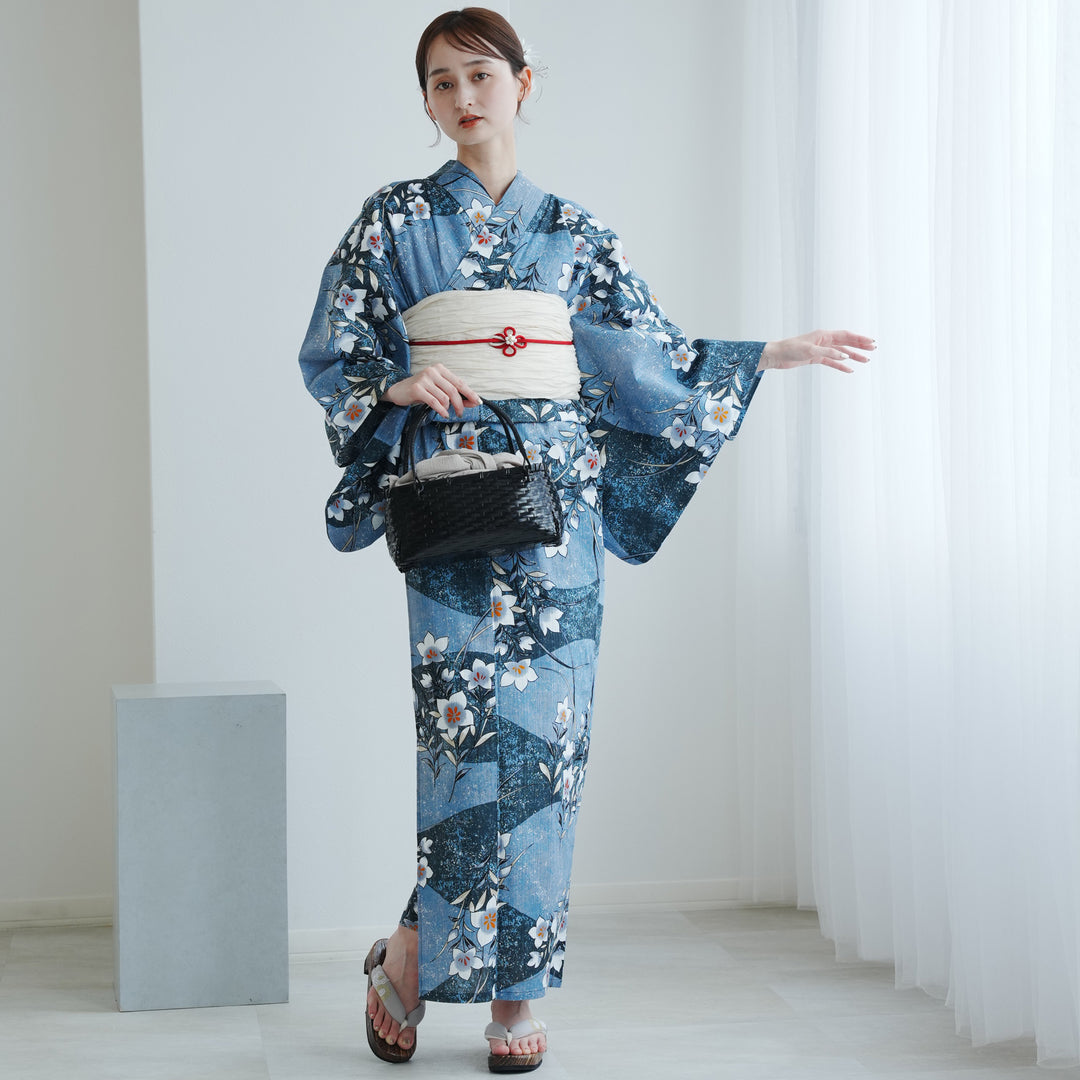 utatane 高級変わり織 浴衣3点セット ( ゆかた・帯・下駄 ) 鈍青