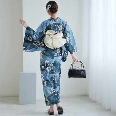 【utatane 高級変わり織 浴衣3点セット ( ゆかた・帯・下駄 )  鈍青と緑の砂よろけに桔梗】 3Lサイズ（ヒップ約130cm位まで対応） 国産生地 国内染色　昭和初期アンティーク復刻版（5013279111）