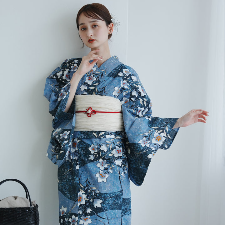 utatane 高級変わり織 浴衣3点セット ( ゆかた・帯・下駄 ) 鈍青