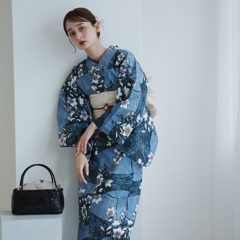 【utatane 高級変わり織 浴衣3点セット ( ゆかた・帯・下駄 )  鈍青と緑の砂よろけに桔梗】 3Lサイズ（ヒップ約130cm位まで対応） 国産生地 国内染色　昭和初期アンティーク復刻版（5013279111）