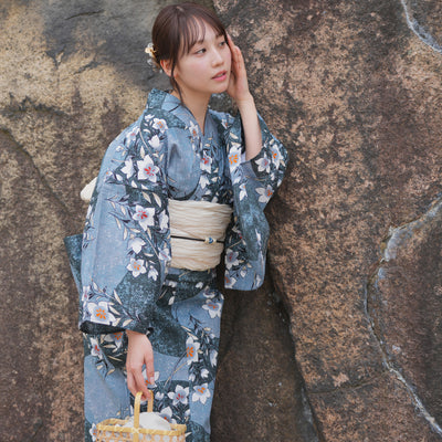 【utatane 高級変わり織 浴衣3点セット ( ゆかた・帯・下駄 )  鈍青と緑の砂よろけに桔梗】 Sサイズ（150-160cm） 国産生地 国内染色　昭和初期アンティーク復刻版（5011279111）