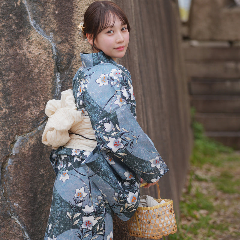 【utatane 高級変わり織 浴衣3点セット ( ゆかた・帯・下駄 )  鈍青と緑の砂よろけに桔梗】 フリーサイズ 国産生地 国内染色　昭和初期アンティーク復刻版（5010279111）